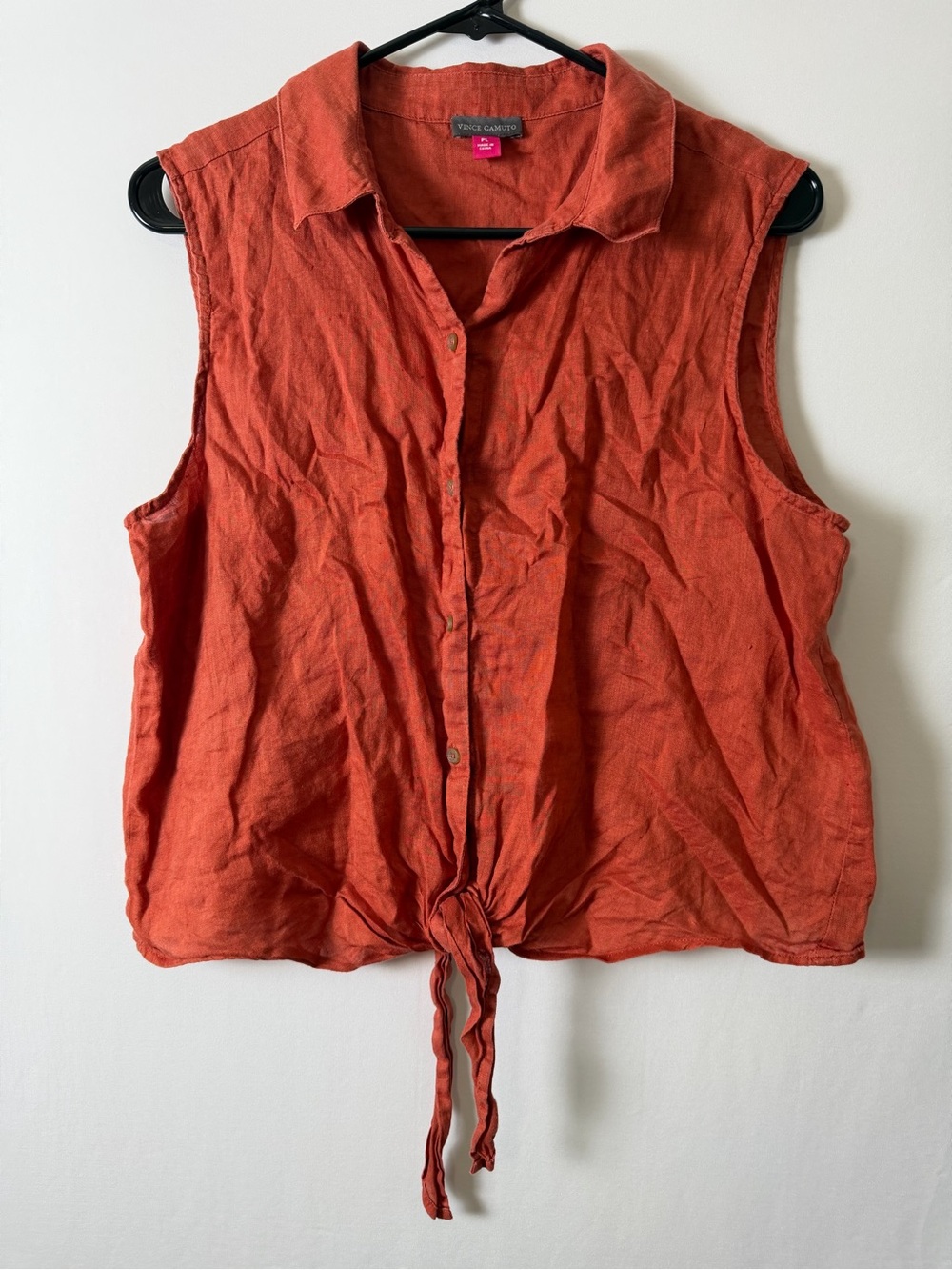 Vince Camuto Linen Sleeveless Button Front Top Women’s PL Rust Tie Hem